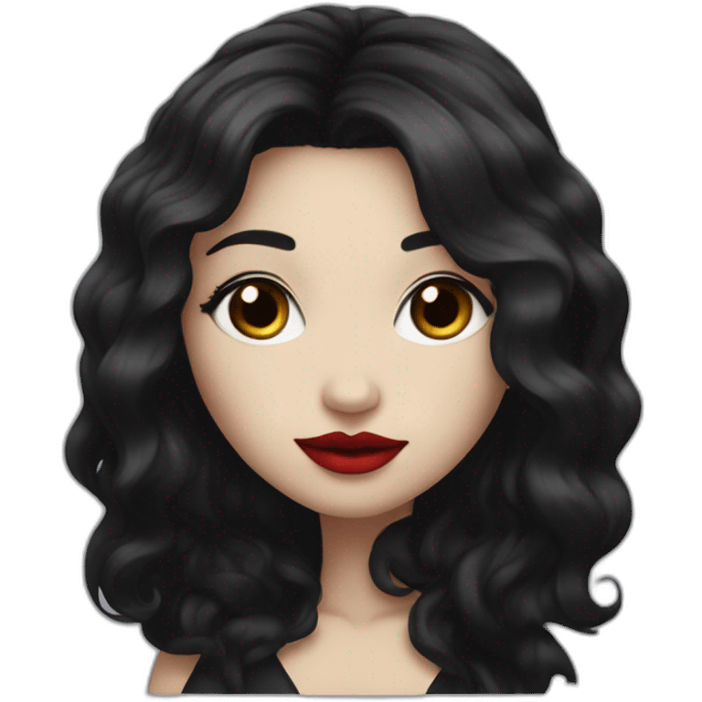 long black hair, red lipstick, black eyes, white skin and a small nose emoji