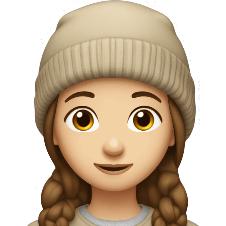 Medium-length brown hair, beige beanie, soft smile, round eyes, calm expression. emoji