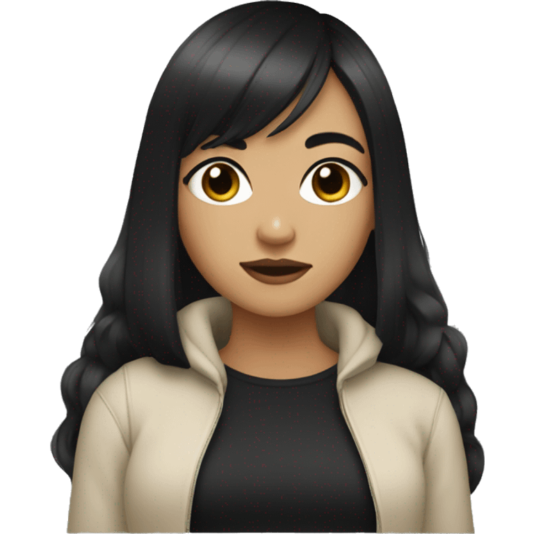 girl, long hair, black hair, bangs, fashionable, wearing black, light skin, looks mean emoji