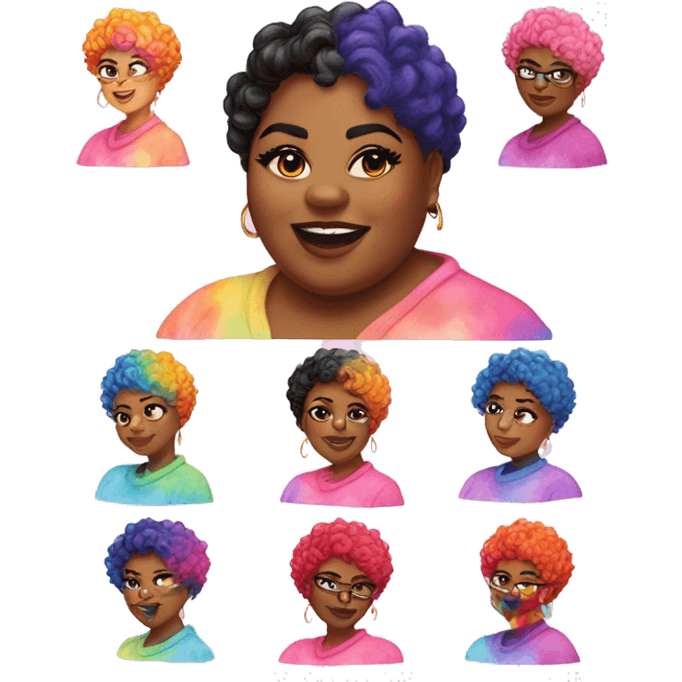 Large Plus size black woman with pink curly pixie cut hair and a rainbow tie dye sweater , and diamond stud earrings  emoji