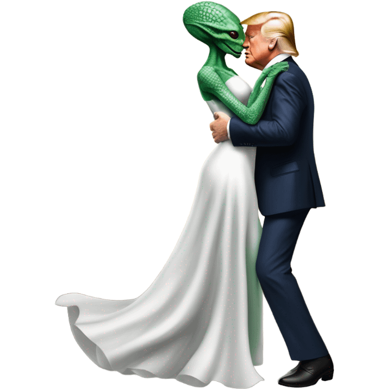 Alien reptilian woman in white dress hugs and kissing donald trump emoji