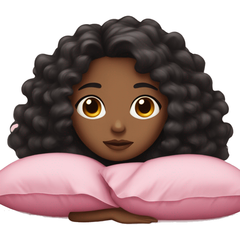 A girl with brown skin with curly and black hair sleep with pink bed cover emoji