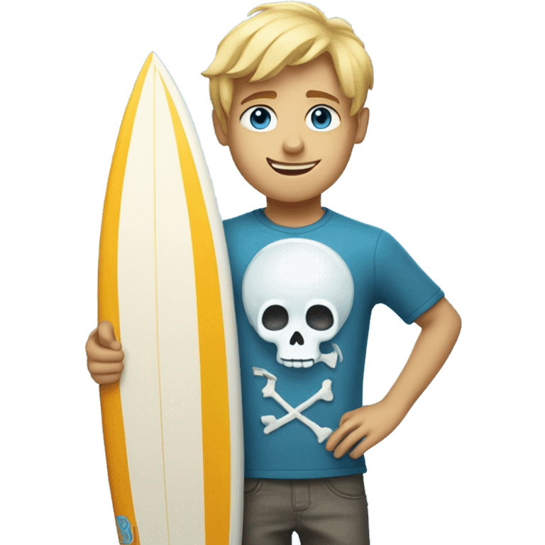 boy with scruffy blonde hair and blue eyes. holding a surfboard with a skull on it. from the chest up emoji