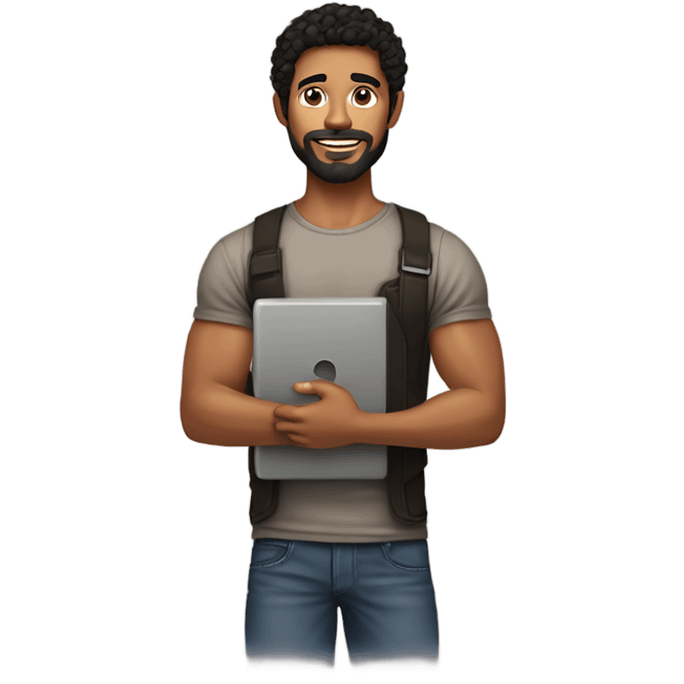 men holding his computer in hands. light brown skin men with curly black hair, dark brown eyes, little grown beard. just a tiny bit muscular. dressed casual. round face. emoji