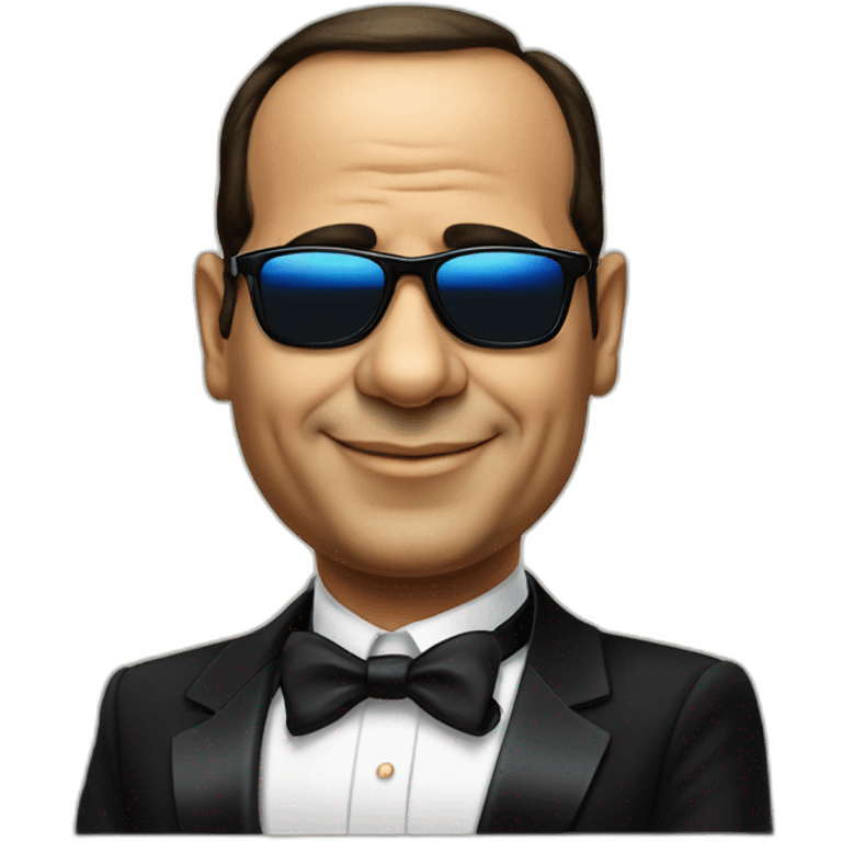 Satirical cartoon Egyptian President Al Sisi in a tuxedo wearing sun glasses with egyptian flag emoji