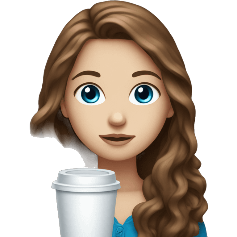 white girl with brown long hair and blue eyes and a coffee emoji