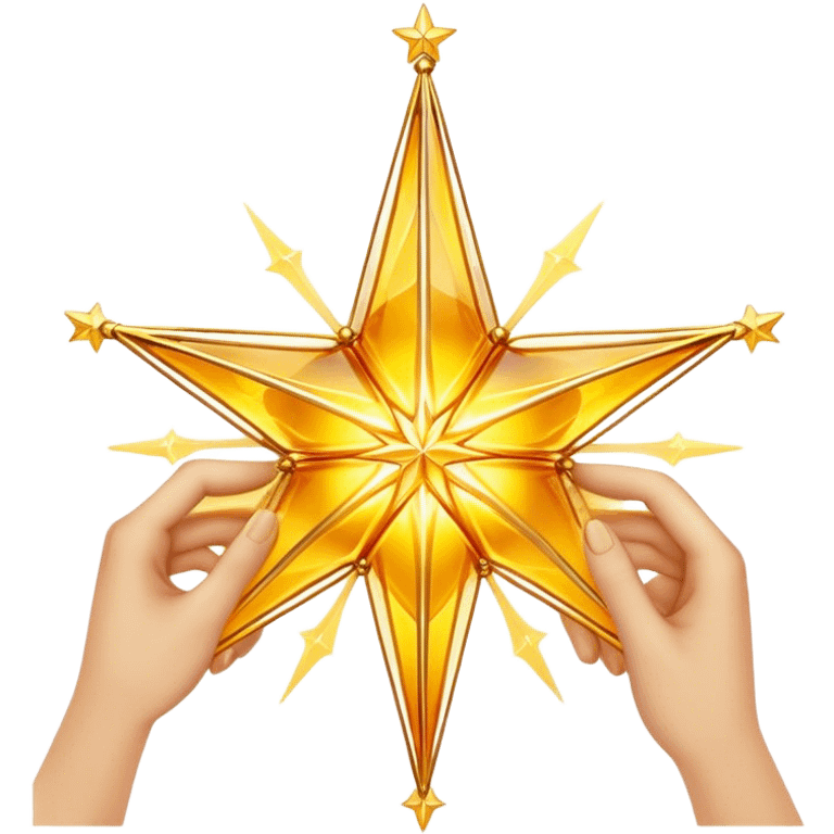 A radiant yellow dream star emerges, carefully being built by hands connecting delicate strands of golden thread and translucent panels of glowing amber glass. emoji