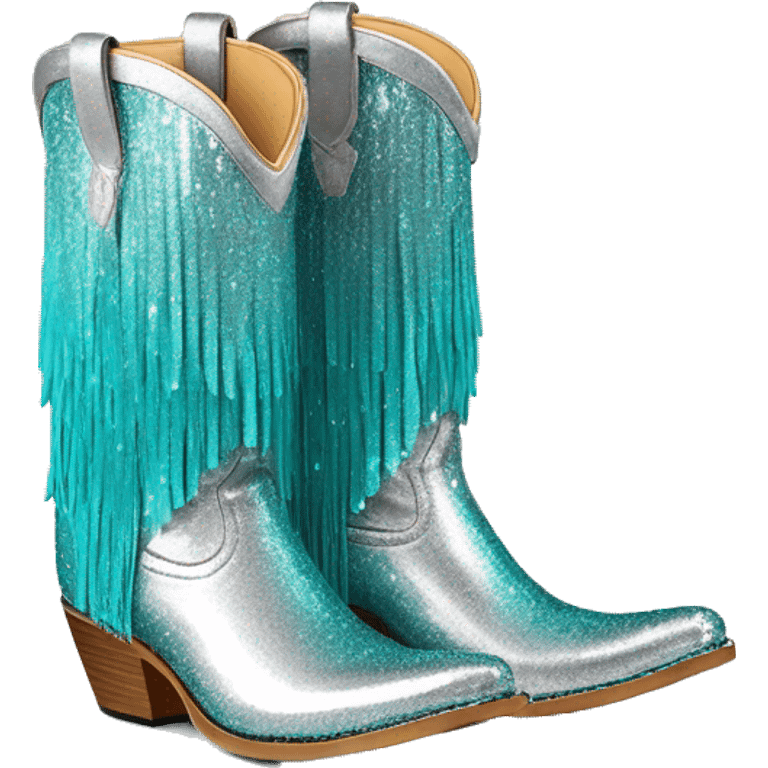 Realistic silver and turquoise ombre pair of fashion cowgirl boots with sparkly shiny glitter fringe on them. emoji