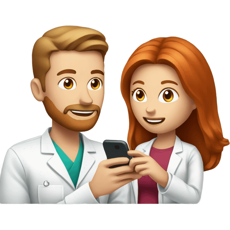 red hair nutritionist and patient talking smartphone emoji