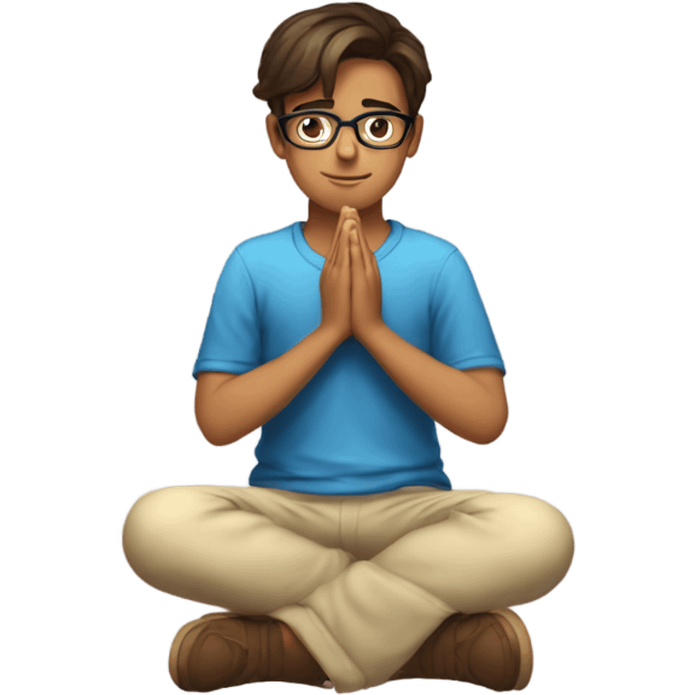 tanned pretty brunette boy with glasses praying kneeling emoji