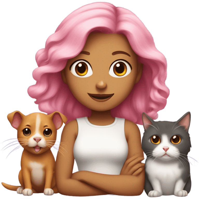 Animal lover girl, dog plus cat tan skin pink hair hamster, rats emoji