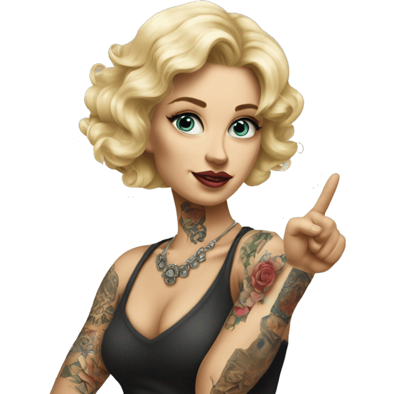 Blonde elegant women, her Body Covered with Tattoos, POINTING YOU with her ONE HAND , Hyper realistic emoji