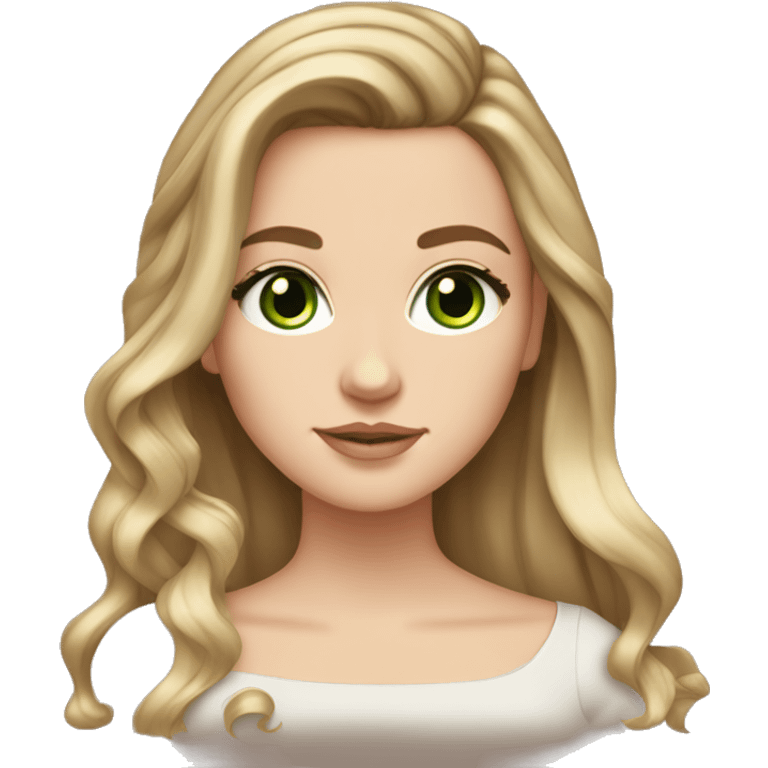 White girl with long brown hair with blonde highlights balayage and green eyes with a bow emoji