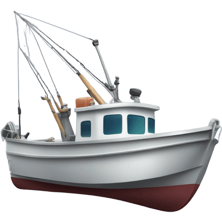 A little aluminium open fishing boat with no cabin, an outboard motor and lots of fishing rods on the sea emoji