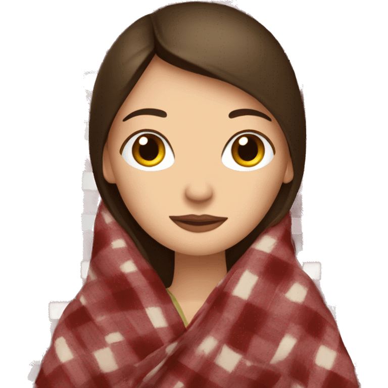 Brunette caucasian woman cuddled in a big plaid blanket emoji