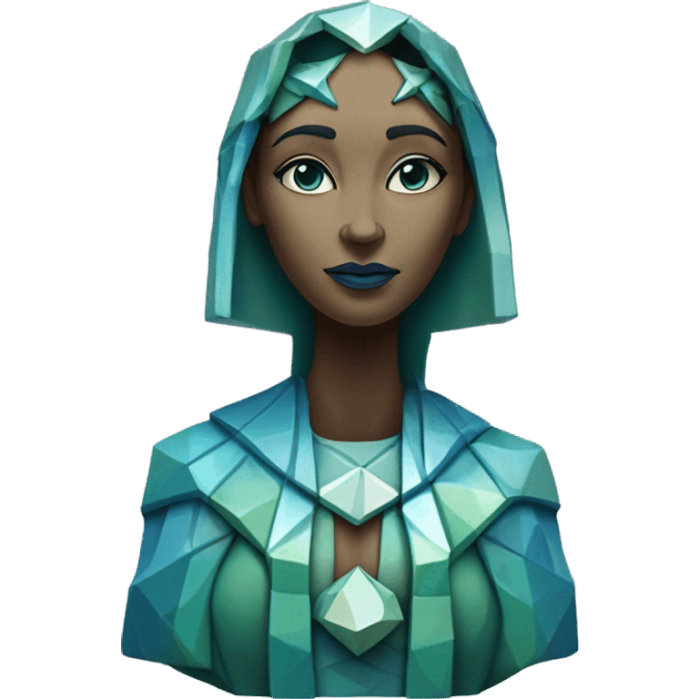 Sculpture oracle priestess with a geometric faceted design with disney features. Oracle of delphi is sparkling and standing upright on a base with angular and flower features. The vibrant blues neutrals and greens highlights the sharp edges and planes.  emoji