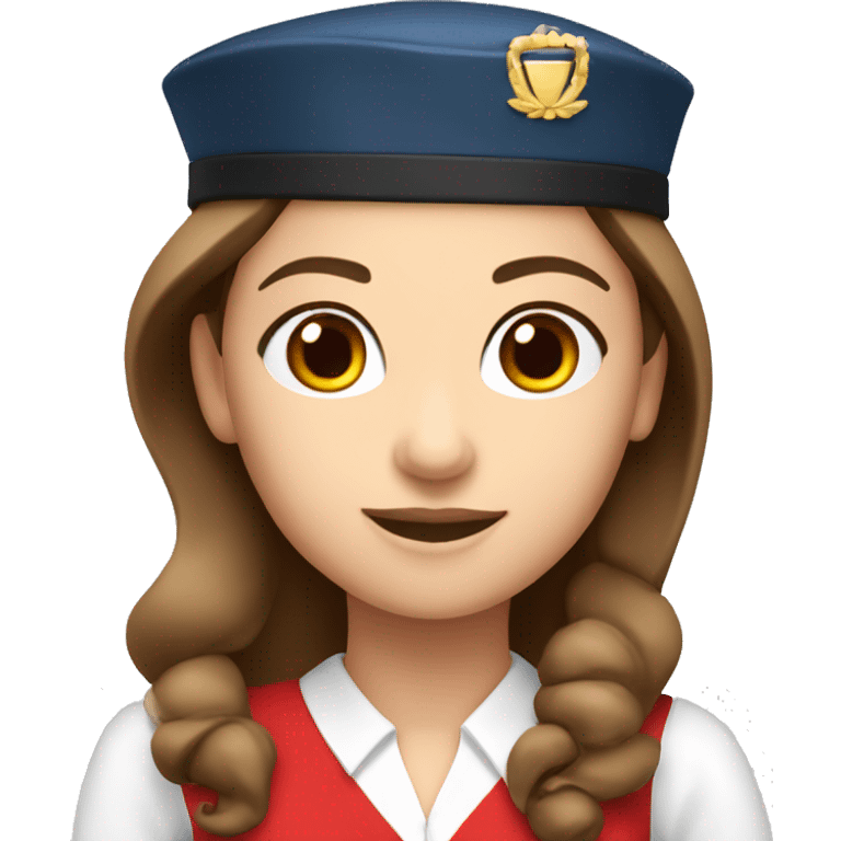 A white stewardess with long brown hair and brown eyes  in a red uniform and a red beret emoji