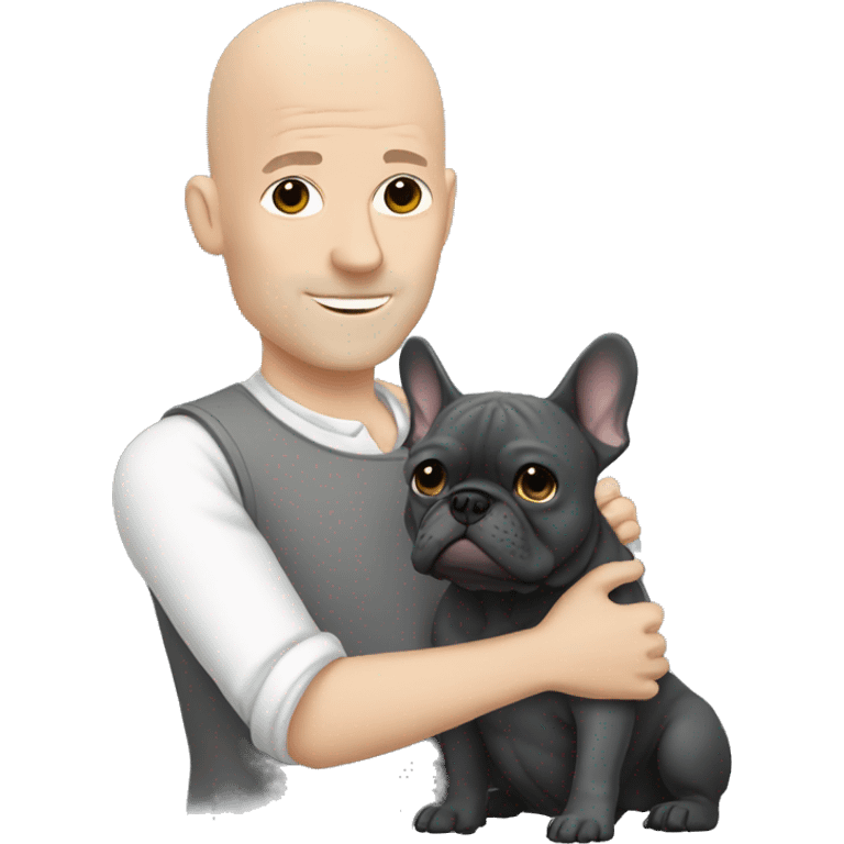 Bald man holding dark grey french bulldog  emoji