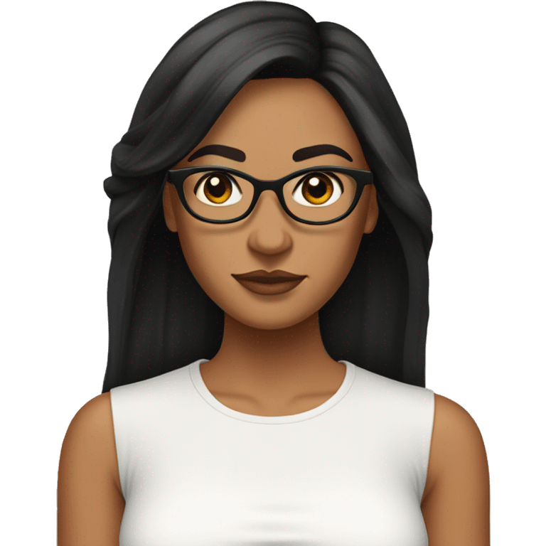 woman with tan skin and long black hair wearing a white crop top, glasses, with curtain bangs emoji