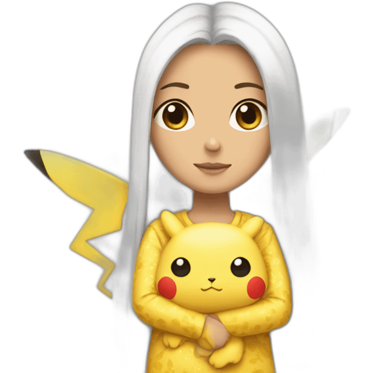 Brown straight long hair white woman wearing pikachu pyjama emoji