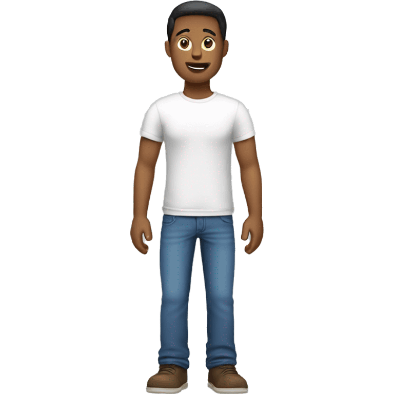 a male, full body. waving with his left hand. From the front.  Dressed with a round collar, white tshirt and blue jeans emoji