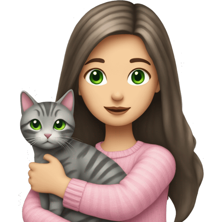 Brunette girl with long hair and green eyes in a pink sweater hugs a gray striped cat emoji