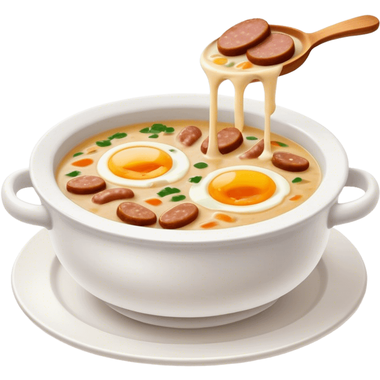 Cinematic Realistic ≈ªurek Soup Dish Emoji, depicted as a tangy, creamy rye soup with sausage and egg rendered with detailed textures and warm, comforting lighting. emoji