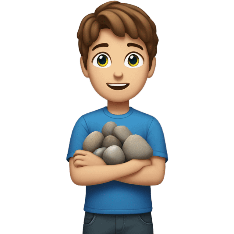 boy with brown hair and BLUE eyes. holding rocks emoji