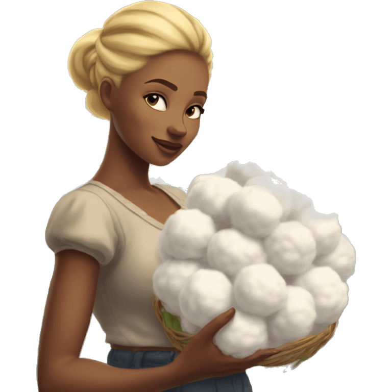 Down to earth, beautiful, southern woman, standing in a cotton field with blonde hair pulled up in a bun, bending at the waist to intimately pick up a piece of cotton emoji