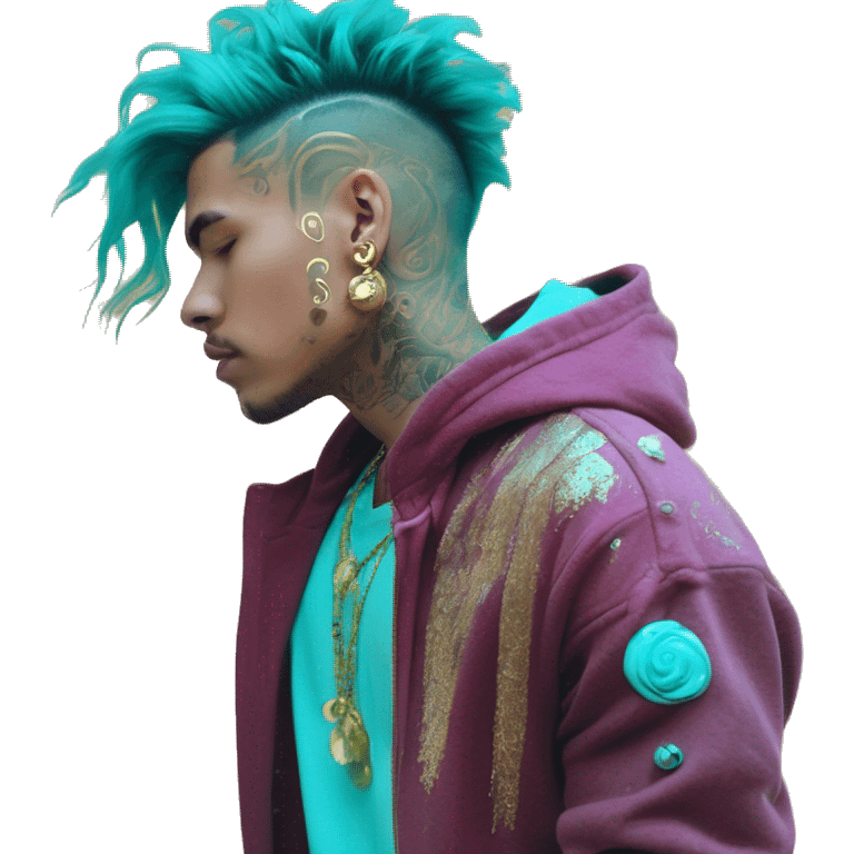 Vintage grunge patina intricate swirls gold jewellery baroque golden sparkle tropical Deep pink maroon burgundy cyan dark hoodie man dyed hair gold piercings nose piercing ear piercings emoji