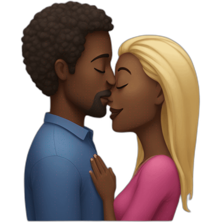 african woman kisses caucasian man emoji