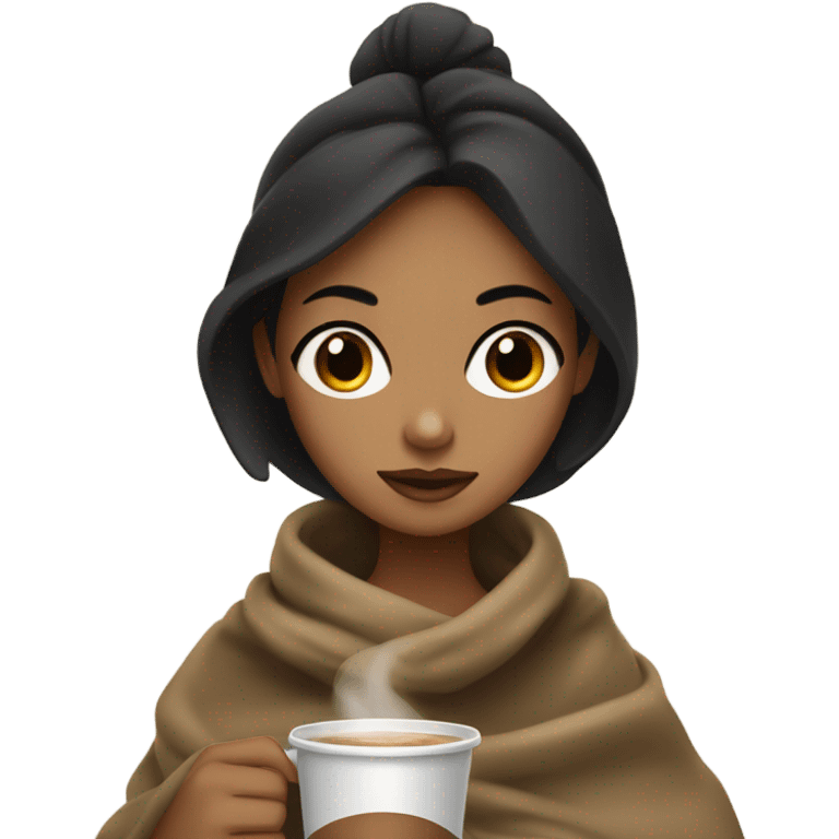 Tan girl with dark hair dark eyes drinking coffee with a blanket around her  emoji