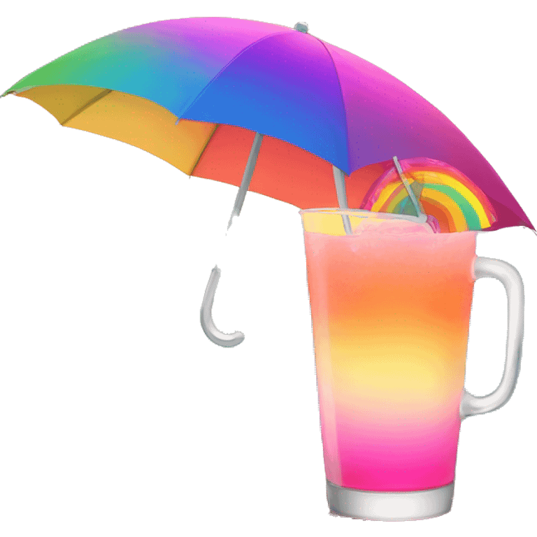 In ombre pink lemonade glass with a rainbow umbrella in it and sitting on the sun with a sunset in the background emoji