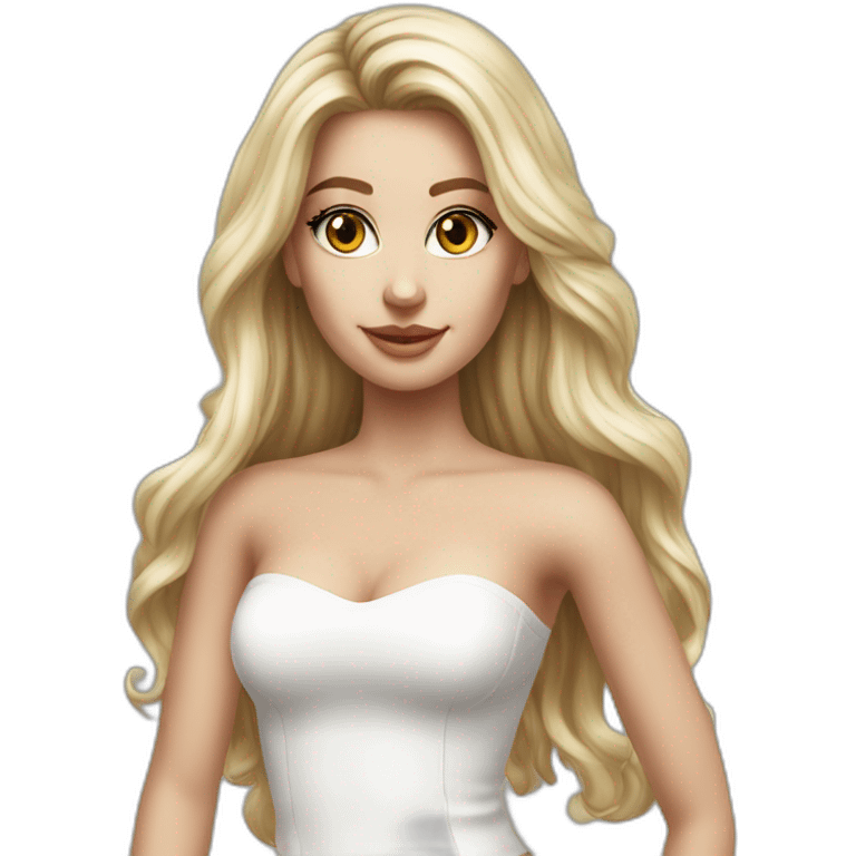 hyperrealist caucasian long hair blonde brown eyes strapless white top gray tight mini skirt emoji