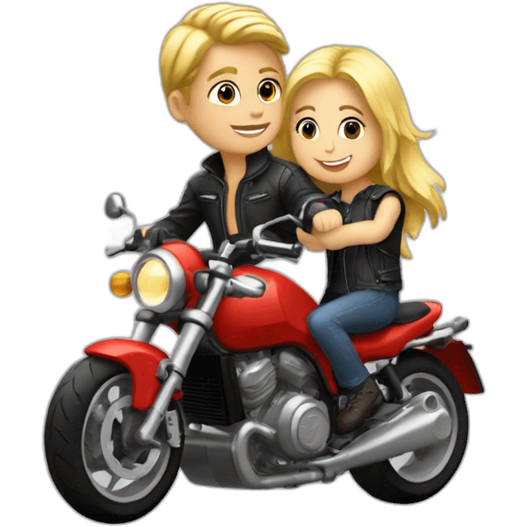 Garçon blond + fille blonde à l'arrière sur une moto ducatti emoji