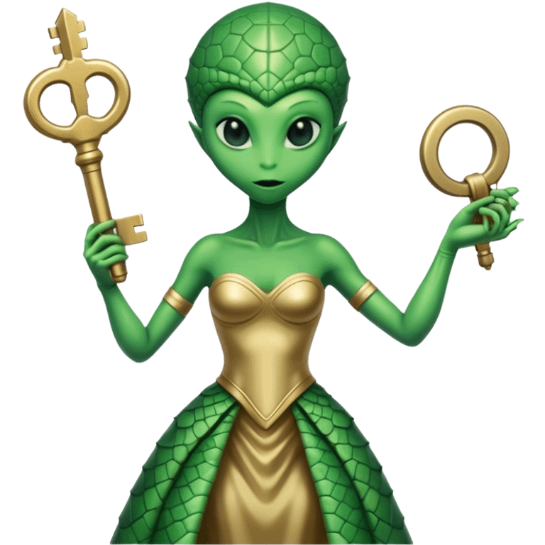 a reptilian alien woman green , in gold dress, hold a big key, full figure emoji