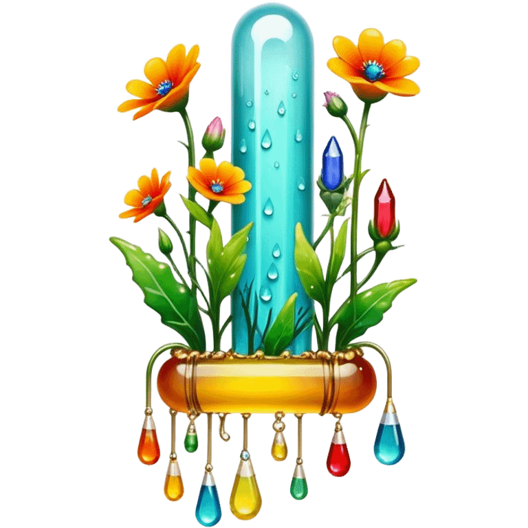 Create an icon that represents decorative arts using epoxy resin. The design should feature colorful tubes of resin, including fluorescent resin tubes, with visible drops or strokes of resin being applied to create intricate designs. Include finished resin jewelry pieces, such as pendants or rings, containing preserved flowers and insects encased in clear resin. The composition should feel vibrant, artistic, and delicate, showcasing the unique beauty of resin art with natural elements. The background should be transparent emoji