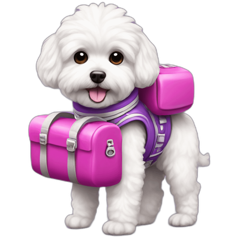 a white maltipoo as purple astronaut with a pink luggage emoji