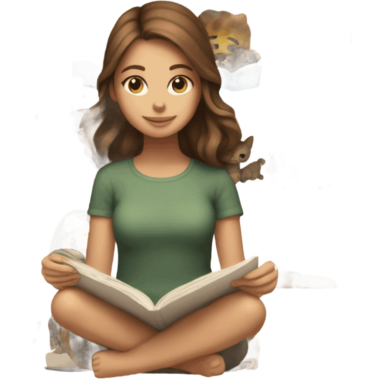 Baige colored emoji a brown haired girl reading with her cat emoji