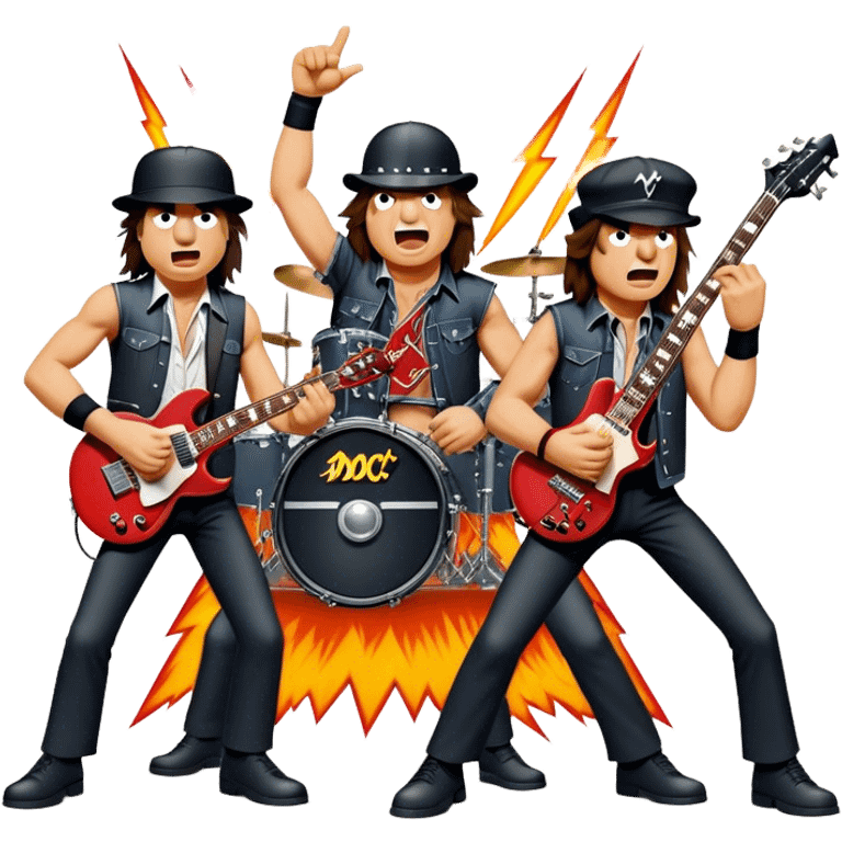 Cinematic Realistic AC/DC Band Emoji, depicted as a high-energy rock ensemble with electrifying stage presence and gritty textures, rendered with bold vibrant lighting that captures the raw power and rebellious spirit of their music. emoji