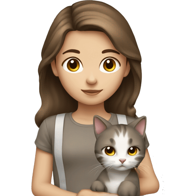 young girl with brown hair and cat brown gray and white emoji