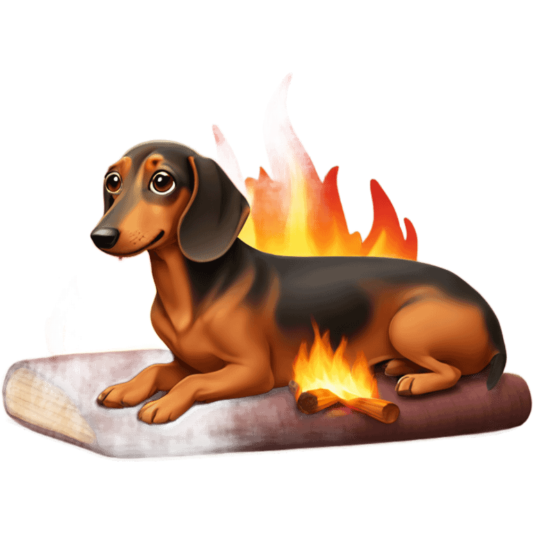 dachshund laying by a fire emoji