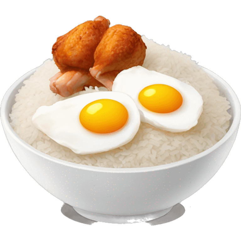 a bowl of rice with two eggs and two chicken drumstick on top emoji