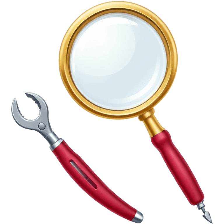 Jewelry art icon. A ring with a golden ruby through magnifying glass and pliers. Minimalistic style, clean lines, transparent background. emoji