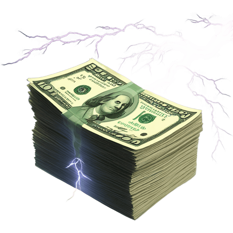 $100 bills stack and lightning emoji