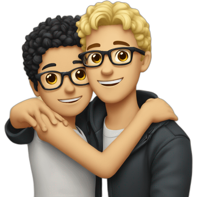 boy with curly blonde hair and glasses hugging girl with black hair and glasses emoji