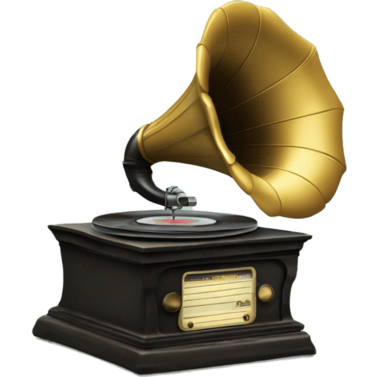 vintage gramophone with stack vinyl records behind emoji