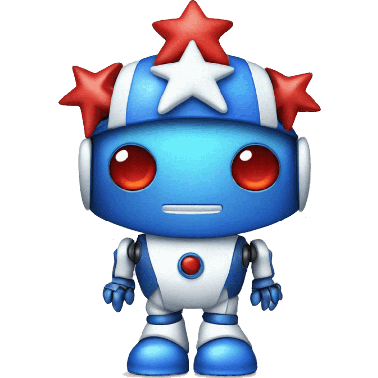 blue and white robot with red eyes, a blue sleeping cap with stars on it, jester ruffles, and baggy blue pants with star pattern on it emoji