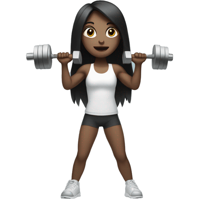 Pale girl with long black hair lifting weights emoji