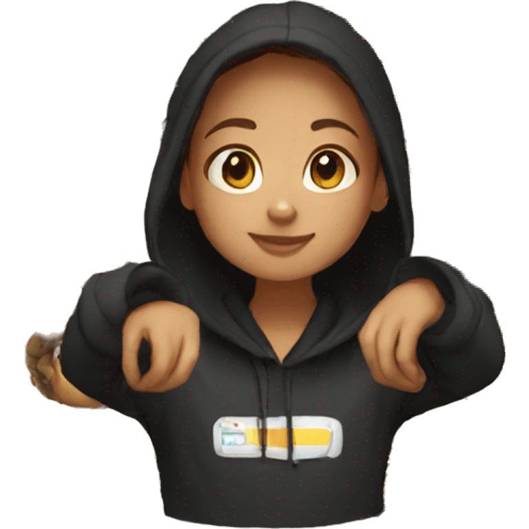 young girl, brown hair, black hoodie emoji